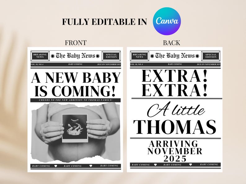 Op de afbeelding: Een zwart-witte krantenadvertentie met de kop "Een nieuwe baby is onderweg!" en een foto van een zwangere vrouw die een echobeeld vasthoudt. De advertentie bevat ook de tekst "Gefeliciteerd met de nieuwe aanwinst voor de familie Thomas!" en de datum "Dec. in november 2023".