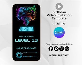 Bearbeitbare Videospiel-Partyeinladungsvorlage animierte Videospiel-Einladung Gaming-Party digitale Einladung Gamer-Geburtstag animierte Einladung