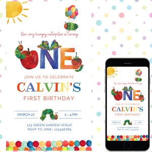 May include: A colourful invitation for a first birthday party with a caterpillar theme. The invitation features a caterpillar, a red apple, a number one, and the text "Our very hungry caterpillar is turning one".