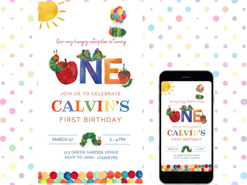 May include: A colourful invitation for a first birthday party with a caterpillar theme. The invitation features a caterpillar, a red apple, a number one, and the text "Our very hungry caterpillar is turning one".