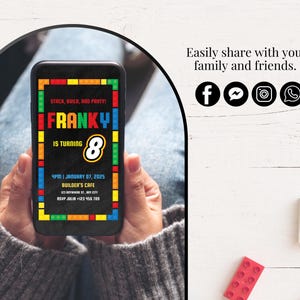 May include: A smartphone displaying a birthday invitation for a child named Franky turning 8. The invitation features a colourful Lego-themed design with the text "Stack, Build, and Party!" and includes the date, time, and location of the party.