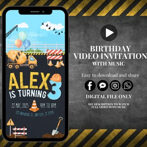 Custom construction birthday video invitation animated dump truck party invitation construction invite digital dumptruck invitation video
