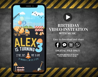 Custom construction birthday video invitation animated dump truck party invitation construction invite digital dumptruck invitation video