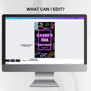 K&ouml;nnte beinhalten: Ein Computerbildschirm zeigt eine digitale Geburtstagseinladungsvorlage mit neonrosa und blauem Text, der "Cassie's 10th Birthday Party" lautet. Die Vorlage hat einen schwarzen Hintergrund mit bunten Grafiken, darunter eine Kirsche, ein St&uuml;ck Kuchen, eine Musiknote, ein Regenbogen und ein Ghettoblaster.
