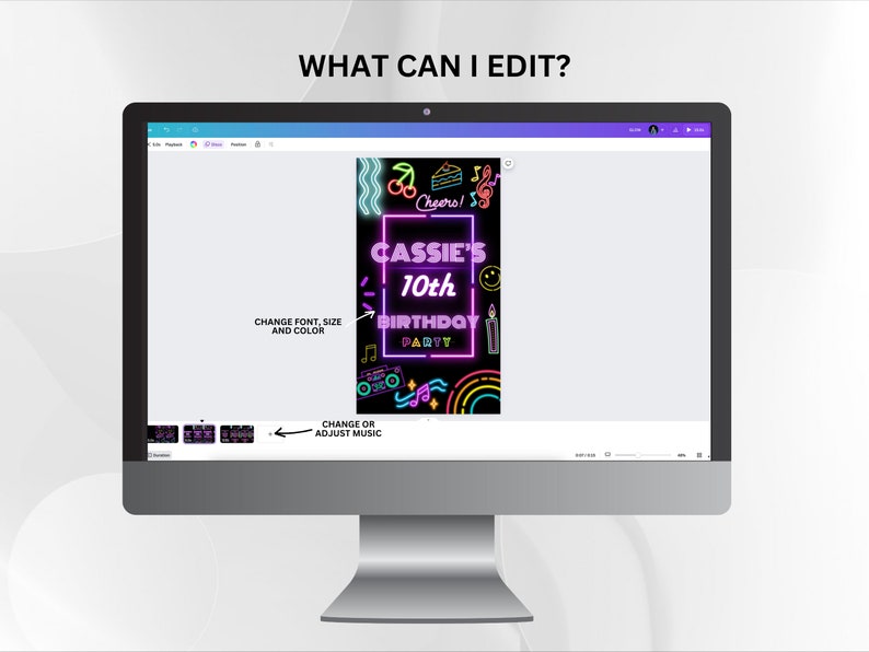 K&ouml;nnte beinhalten: Ein Computerbildschirm zeigt eine digitale Geburtstagseinladungsvorlage mit neonrosa und blauem Text, der "Cassie's 10th Birthday Party" lautet. Die Vorlage hat einen schwarzen Hintergrund mit bunten Grafiken, darunter eine Kirsche, ein St&uuml;ck Kuchen, eine Musiknote, ein Regenbogen und ein Ghettoblaster.