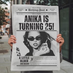 Editable Birthday Newspaper Invitation Canva Template Newspaper Birthday Invite Template Newspaper Birthday Prop Printable Newspaper Invite