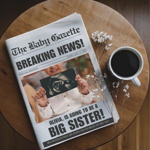 Große Schwester Schwangerschaftsmitteilung Vintage Babymitteilungsvorlage Zeitung Schwangerschaftsankündigung Vintage Babyzeitung Baby offenbaren Vintage