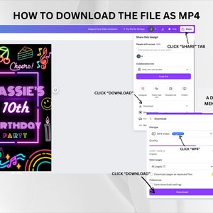 K&ouml;nnte beinhalten: Eine Schritt-f&uuml;r-Schritt-Anleitung zum Herunterladen einer Videodatei als MP4. Das Bild zeigt einen Computerbildschirm mit einer Videobearbeitungssoftware-Oberfl&auml;che. Der Benutzer wird angewiesen, auf die Registerkarte "Teilen" zu klicken, dann auf die Schaltfl&auml;che "Herunterladen" und schlie&szlig;lich "MP4" aus dem Dropdown-Men&uuml; auszuw&auml;hlen.