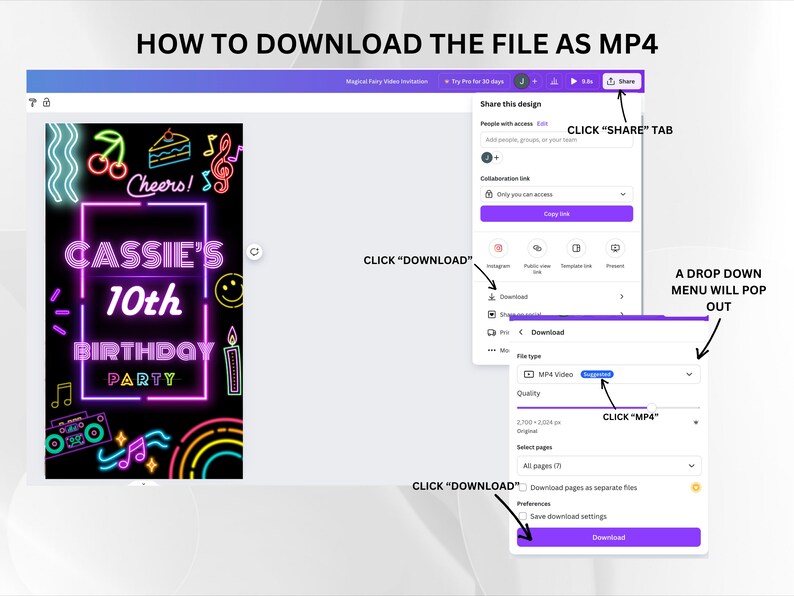 K&ouml;nnte beinhalten: Eine Schritt-f&uuml;r-Schritt-Anleitung zum Herunterladen einer Videodatei als MP4. Das Bild zeigt einen Computerbildschirm mit einer Videobearbeitungssoftware-Oberfl&auml;che. Der Benutzer wird angewiesen, auf die Registerkarte "Teilen" zu klicken, dann auf die Schaltfl&auml;che "Herunterladen" und schlie&szlig;lich "MP4" aus dem Dropdown-Men&uuml; auszuw&auml;hlen.