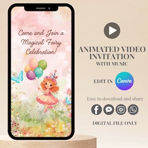 Editable Fairy birthday video invitation template animated invite fairy birthday party digital invitation girl birthday fairy themed party