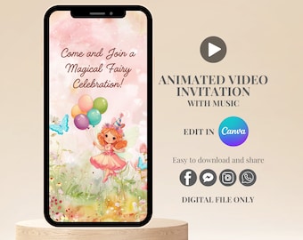 Editable Fairy birthday video invitation template animated invite fairy birthday party digital invitation girl birthday fairy themed party