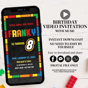 May include: A digital video invitation for a birthday party with a Lego theme. The invitation features a black phone screen with a colourful Lego border. The text on the screen reads "Stack, build, and party! Franky is turning 8. 4PM | January 07, 2025 Builder's Cafe 123 Anywhere St., Bay City RSVP Julia +123 456 789".