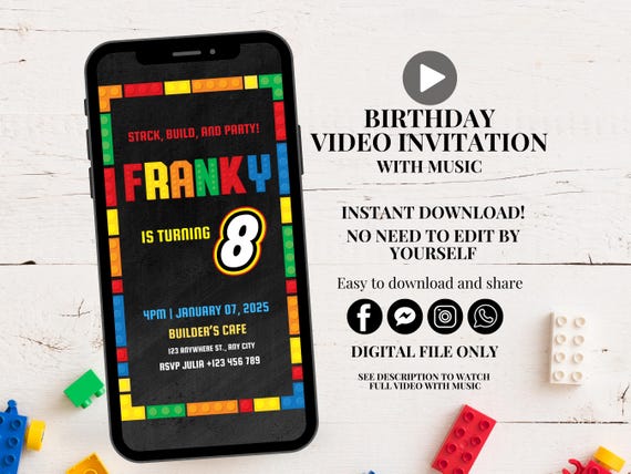 Custom building blocks video invitation animated building bricks party invite blocks birthday digital invitation bricks birthday invitation
