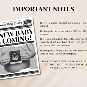 Op de afbeelding: Een zwart-witte afdrukbare aankondiging voor een nieuwe baby. De aankondiging is gestyled als een krant met de kop "Een nieuwe baby is onderweg!" en een foto van een echo. De tekst "Cheers to the new addition to Thomas family" staat onder de kop.