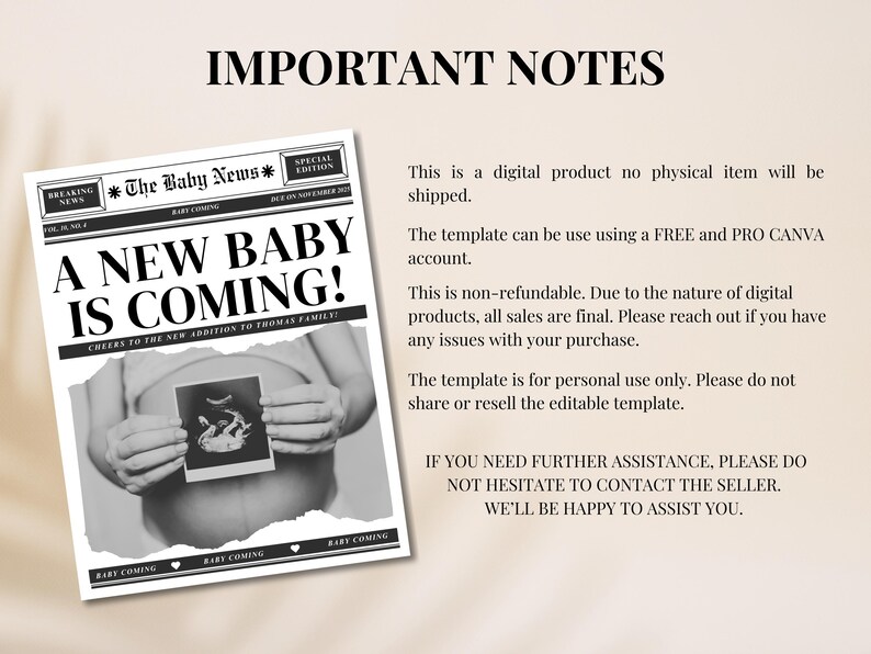 Op de afbeelding: Een zwart-witte afdrukbare aankondiging voor een nieuwe baby. De aankondiging is gestyled als een krant met de kop "Een nieuwe baby is onderweg!" en een foto van een echo. De tekst "Cheers to the new addition to Thomas family" staat onder de kop.