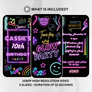 K&ouml;nnte beinhalten: Drei animierte Video-Folien f&uuml;r eine 10. Geburtstagsparty mit Neon-Glow-Thema. Die erste Folie sagt "Cassie's 10th Birthday Party" mit Neon-Pink-, Blau- und Gelbt&ouml;nen. Die zweite Folie sagt "Time for Glow Party" mit Neon-Pink-, Gelb- und Gr&uuml;nt&ouml;nen. Die dritte Folie sagt "Don't Miss It" mit Neon-Gelb- und Pinkt&ouml;nen und enth&auml;lt Partydetails wie Datum, Uhrzeit, Ort und RSVP-Informationen.