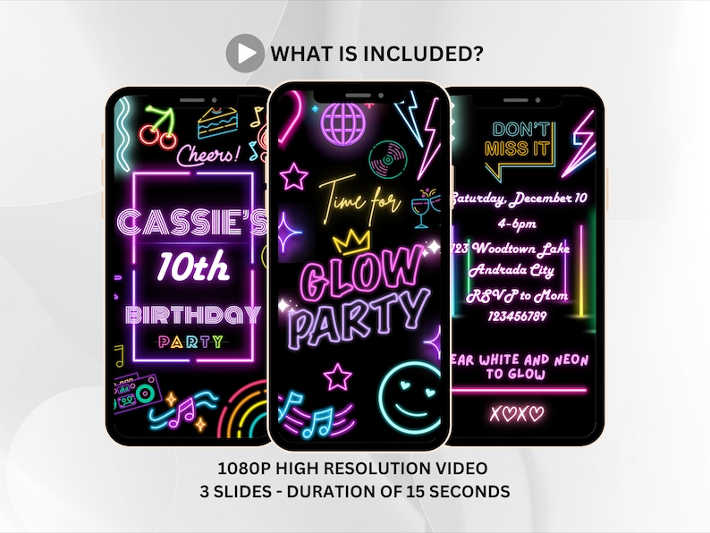 K&ouml;nnte beinhalten: Drei animierte Video-Folien f&uuml;r eine 10. Geburtstagsparty mit Neon-Glow-Thema. Die erste Folie sagt "Cassie's 10th Birthday Party" mit Neon-Pink-, Blau- und Gelbt&ouml;nen. Die zweite Folie sagt "Time for Glow Party" mit Neon-Pink-, Gelb- und Gr&uuml;nt&ouml;nen. Die dritte Folie sagt "Don't Miss It" mit Neon-Gelb- und Pinkt&ouml;nen und enth&auml;lt Partydetails wie Datum, Uhrzeit, Ort und RSVP-Informationen.