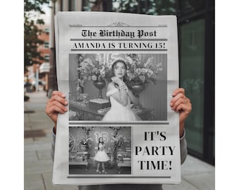 Editable Birthday Newspaper Canva Template Newspaper Birthday Invitation Template Large Newspaper Birthday Prop Printable Newspaper Invite