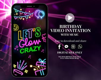 Glow party birthday video invitation animated neon birthday party invite neon party invite digital neon glow birthday invitation video