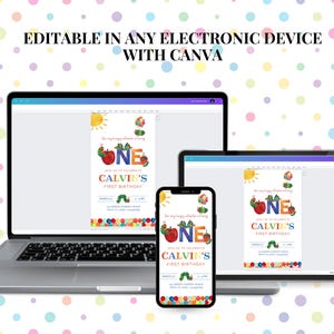 May include: Editable digital invitation for a first birthday party. The invitation features a colourful illustration of a caterpillar and the words "Join us to celebrate Calvin's First Birthday".