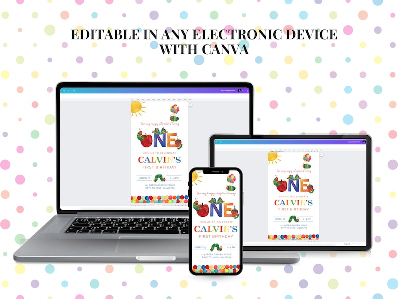 May include: Editable digital invitation for a first birthday party. The invitation features a colourful illustration of a caterpillar and the words "Join us to celebrate Calvin's First Birthday".