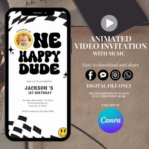 One happy dude first birthday invitation editable template animated video retro birthday invite retro digital invitation cool dude birthday