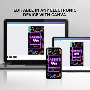 K&ouml;nnte beinhalten: Eine digitale Designvorlage f&uuml;r eine Geburtstagseinladung. Das Design verf&uuml;gt &uuml;ber einen schwarzen Hintergrund mit Neon-Pink-, Blau- und Gelbt&ouml;nen. Der Text "Cassie's 10th Birthday Party" wird in einer Neon-Pink-Schriftart angezeigt. Das Design enth&auml;lt verschiedene grafische Elemente wie Kirschen, Kuchen, Noten und einen Regenbogen.