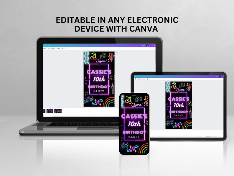 K&ouml;nnte beinhalten: Eine digitale Designvorlage f&uuml;r eine Geburtstagseinladung. Das Design verf&uuml;gt &uuml;ber einen schwarzen Hintergrund mit Neon-Pink-, Blau- und Gelbt&ouml;nen. Der Text "Cassie's 10th Birthday Party" wird in einer Neon-Pink-Schriftart angezeigt. Das Design enth&auml;lt verschiedene grafische Elemente wie Kirschen, Kuchen, Noten und einen Regenbogen.
