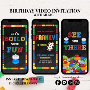 May include: Three colourful phone screen mockups with a Lego birthday party invitation theme. The text on the mockups reads "Let's Build Some Fun", "Franky is turning 8", and "See You There".