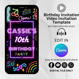 K&ouml;nnte beinhalten: Eine neonfarbene Geburtstagseinladungs-Videovorlage f&uuml;r Canva. Die Vorlage hat einen schwarzen Hintergrund mit einem pinkfarbenen und violetten Neon-Schild, auf dem "Cassie's 10th Birthday Party" steht. Die Vorlage enth&auml;lt auch andere Neon-Schilder, wie einen Kuchen, Kirschen und Noten.