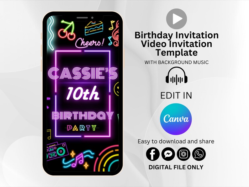 K&ouml;nnte beinhalten: Eine neonfarbene Geburtstagseinladungs-Videovorlage f&uuml;r Canva. Die Vorlage hat einen schwarzen Hintergrund mit einem pinkfarbenen und violetten Neon-Schild, auf dem "Cassie's 10th Birthday Party" steht. Die Vorlage enth&auml;lt auch andere Neon-Schilder, wie einen Kuchen, Kirschen und Noten.