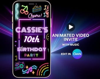 neon birthday animation invitation editable template animated neon birthday invite neon teen birthday party digital invitation neon birthday