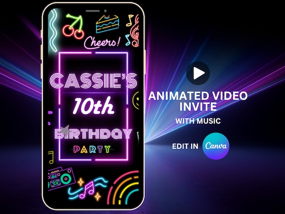 neon birthday animation invitation editable template animated neon birthday invite neon teen birthday party digital invitation neon birthday