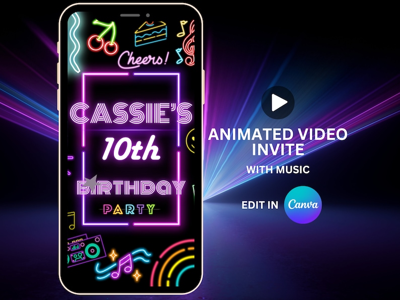 K&ouml;nnte beinhalten: Eine animierte Videoeinladung in Neonrosa und -lila f&uuml;r eine 10. Geburtstagsparty. Die Einladung zeigt den Text "Cassie's 10th Birthday Party" mit Neonlichtern und bunten Grafiken. Der Text "Animated Video Invite with Music" und "Edit in Canva" ist ebenfalls enthalten.