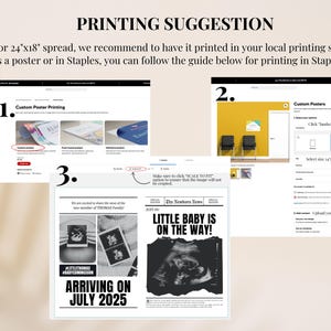 Op de afbeelding: Een gids over hoe je een poster van 61 cm x 46 cm kunt printen bij Staples. De gids laat de stappen zien om de juiste maat te selecteren en het bestand te uploaden. De afbeelding toont ook een mock-up van een poster met de tekst "Little Baby is on the Way!" en "Arriving on July 2025."