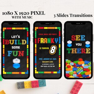 May include: Three digital invitation slides for a birthday party with a Lego theme. The first slide says "Let's Build Some Fun". The second slide says "Franky is turning 8" and includes the date and time of the party. The third slide says "See You There" and features a colourful pile of Lego bricks.