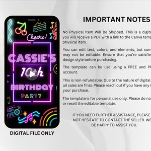 K&ouml;nnte beinhalten: Eine digitale Geburtstagseinladungsvorlage f&uuml;r Canva. Die Vorlage verf&uuml;gt &uuml;ber ein neonpinkes, blaues und gelbes Design mit dem Text "Cassie's 10th Birthday Party".