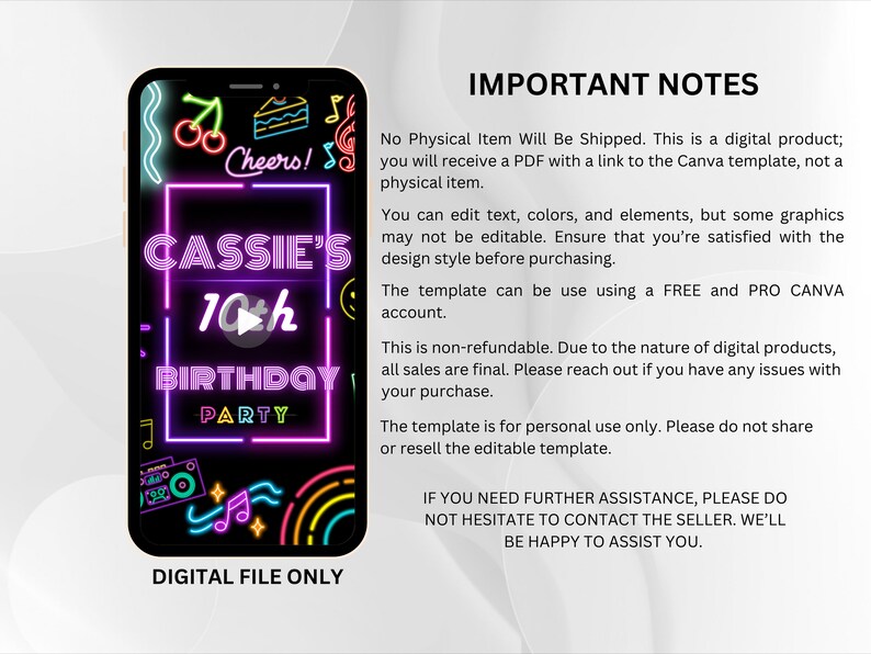 K&ouml;nnte beinhalten: Eine digitale Geburtstagseinladungsvorlage f&uuml;r Canva. Die Vorlage verf&uuml;gt &uuml;ber ein neonpinkes, blaues und gelbes Design mit dem Text "Cassie's 10th Birthday Party".