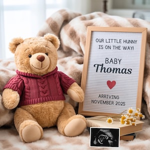 Pooh Pregnancy Announcement: Gender Neutral Baby Reveal (Canva Template Digital Download 10&quot; x 10&quot;)