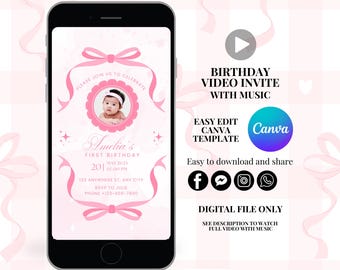 Coquette birthday invite coquette invitation pink bow invitation pink coquette video invite ribbon invitation bow invitation 1st birthday