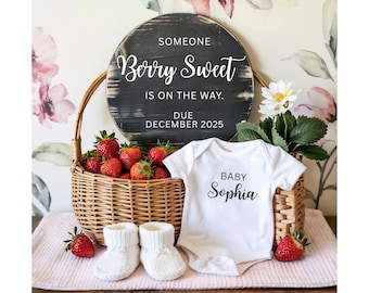 Summer pregnancy announcement digital strawberry baby announcement editable template sweet baby reveal summer baby pregnancy announcement