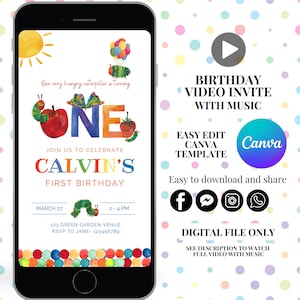 May include: A digital birthday invitation for a first birthday party. The invitation features a colourful illustration of a caterpillar and the number one. The text on the invitation reads "Our very hungry caterpillar is turning one. Join us to celebrate Calvin's First Birthday. March 27, 2-4 PM, 123 Green Garden Venue, RSVP to Jane - 123456789".