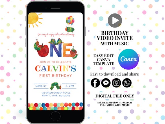 Hungry caterpillar birthday invitation animated invite very hungry first birthday video invite 1st birthday invitation caterpillar theme