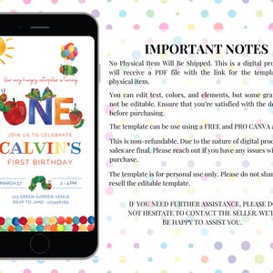 May include: A colourful digital invitation for a first birthday party featuring a cartoon caterpillar and the words "Our very hungry caterpillar is turning ONE". The invitation includes the child's name, "Calvin's", and the date and time of the party. The background is a colourful pattern of polka dots.