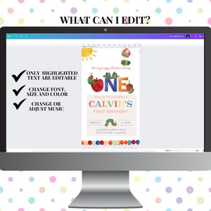May include: A digital invitation for a first birthday party with a "Very Hungry Caterpillar" theme. The invitation features a colourful illustration of a caterpillar, a red apple, and the number "one". The text on the invitation reads "Join us to celebrate Calvin's First Birthday".