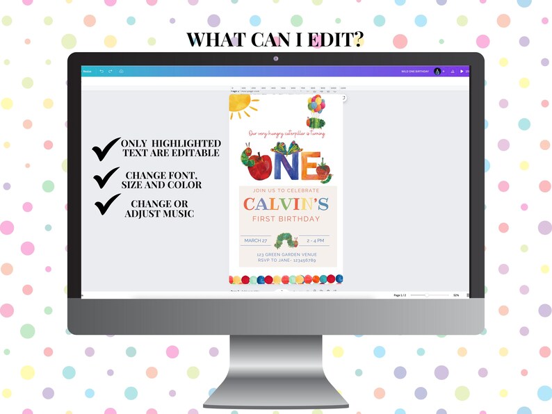May include: A digital invitation for a first birthday party with a "Very Hungry Caterpillar" theme. The invitation features a colourful illustration of a caterpillar, a red apple, and the number "one". The text on the invitation reads "Join us to celebrate Calvin's First Birthday".