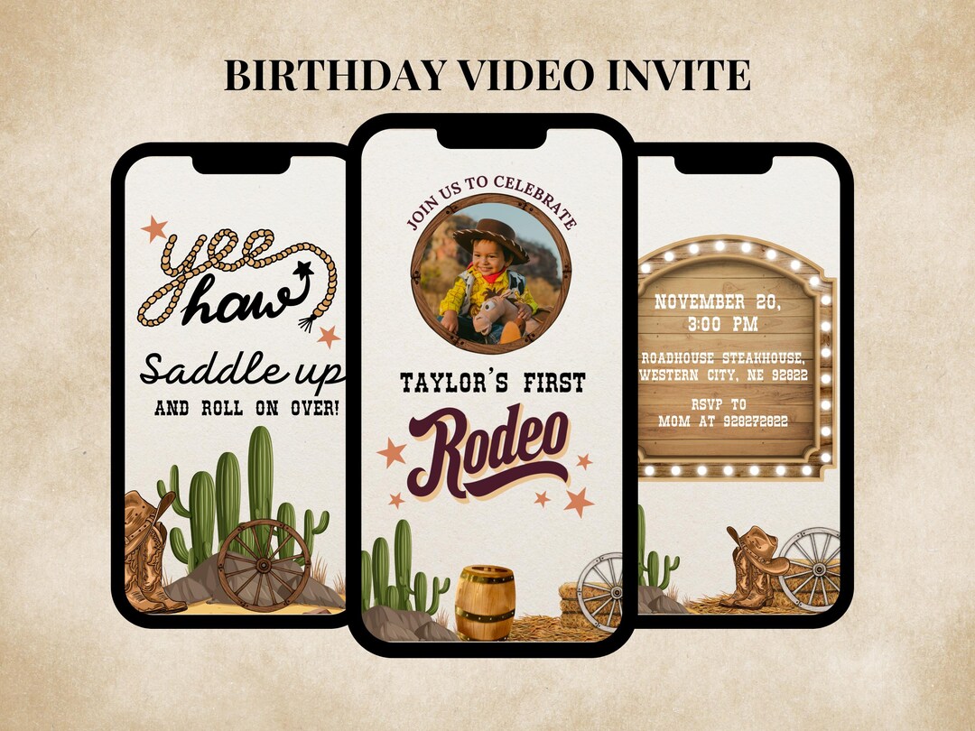 Cowboy Birthday Video Invitation First Rodeo Invite Editable Template ...