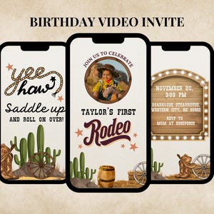 Cowboy birthday video invitation First Rodeo Invite Editable Template Animated Western Birthday Invite Cowboy First Rodeo Birthday Invite