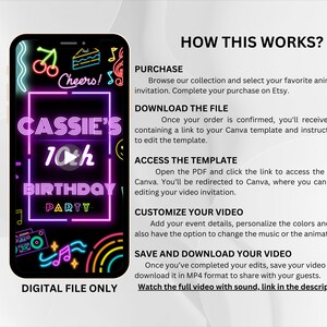 K&ouml;nnte beinhalten: Eine digitale Datei f&uuml;r eine Geburtstagseinladung. Die Einladung ist f&uuml;r eine 10. Geburtstagsfeier und zeigt ein Neon-Design mit dem Namen "Cassie's" und dem Text "10th Birthday Party".