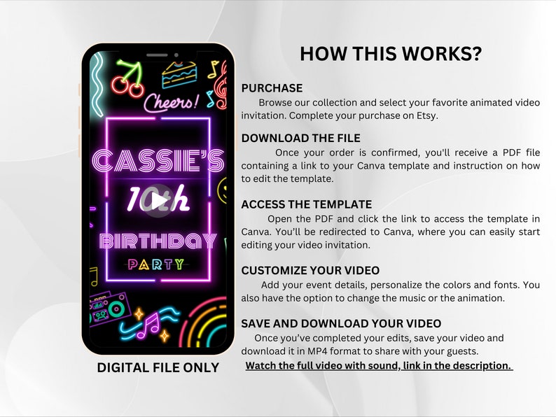 K&ouml;nnte beinhalten: Eine digitale Datei f&uuml;r eine Geburtstagseinladung. Die Einladung ist f&uuml;r eine 10. Geburtstagsfeier und zeigt ein Neon-Design mit dem Namen "Cassie's" und dem Text "10th Birthday Party".